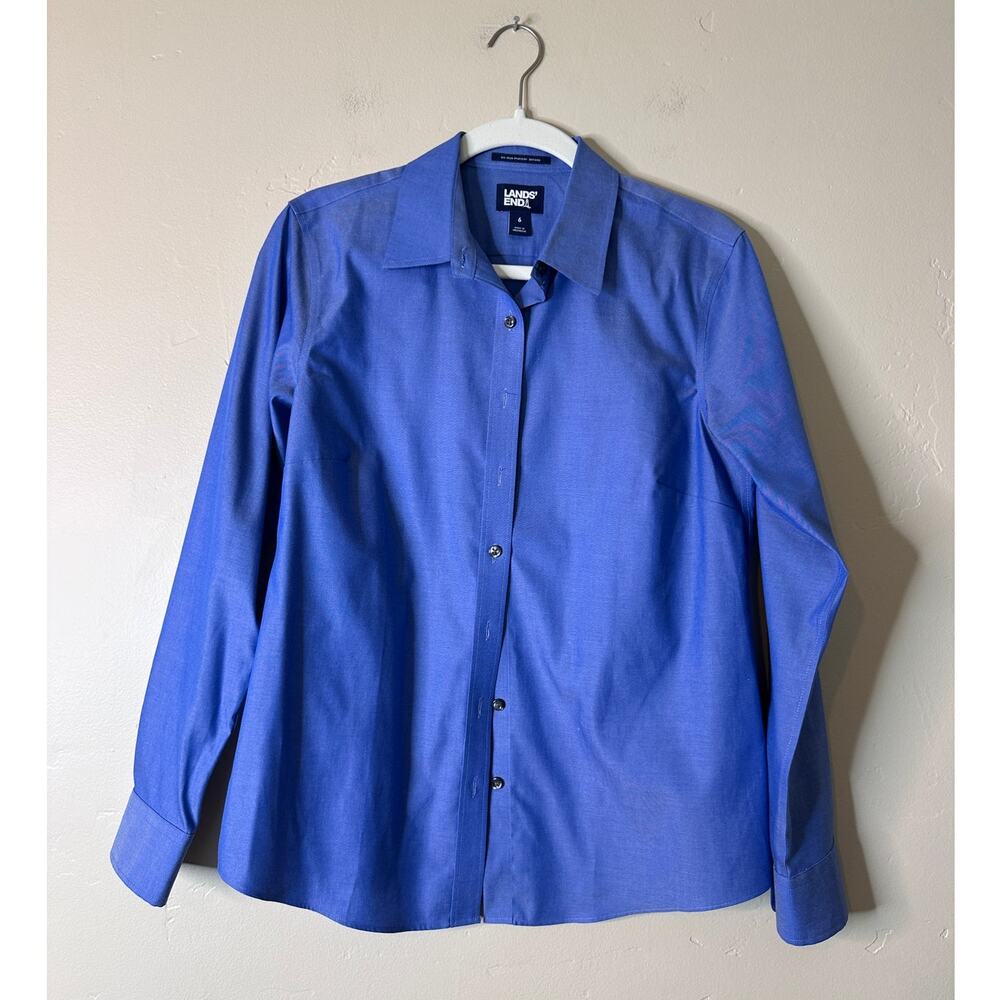 Women's Land's End Blue Button Up Long Sleeve Pinpoint Oxford 6